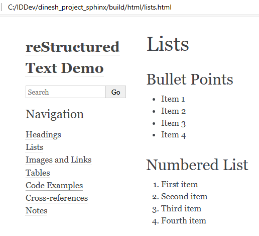 Lists page showing bulleted and numbered lists
