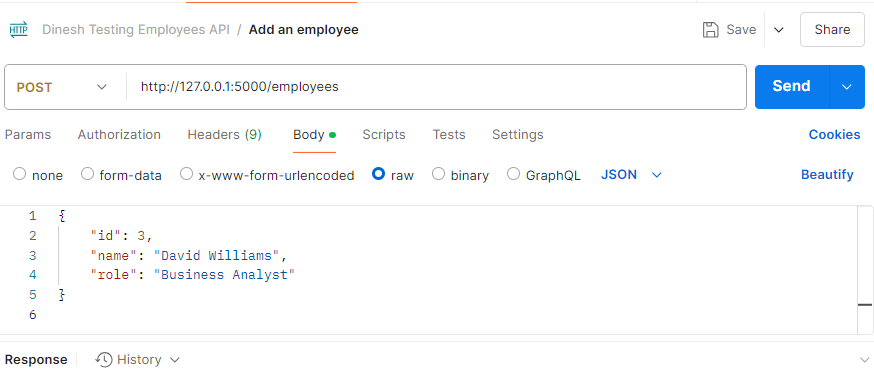 Send button next to endpoint for add employee